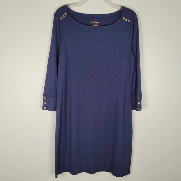 Lilly Pulitzer UPF 50 Sophie Dress Mini 3/4 Sleeve Rayon Stretch Navy Size L NWT - Picture 2 of 12